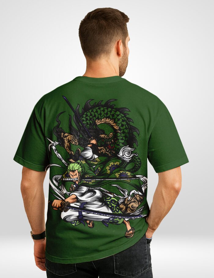 Zoro Oversized T-Shirt with Dragon Slash Anime Design – Green