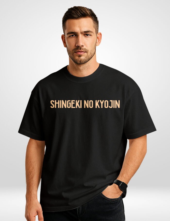 Attack on Titan Oversized T Shirt with Shingeki no Kyojin Text – Front Attack on Titan Oversized T Shirt with Shingeki no Kyojin Text – Front