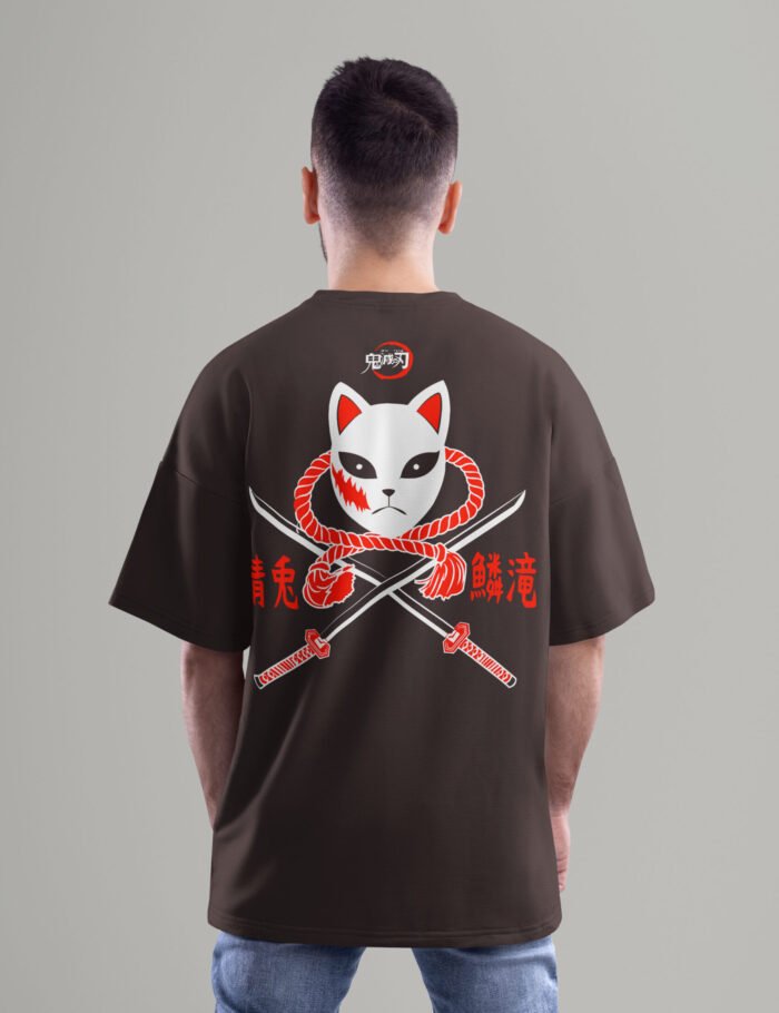 Fox Mask Oversized T Shirt with red rope and katana back print inspired by Demon Slayer – Buffring Fox Mask Oversized T-Shirt