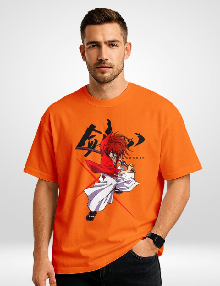 Front view of Kenshin Oversized T-Shirt showing anime-style battle stance with bold kanji artwork