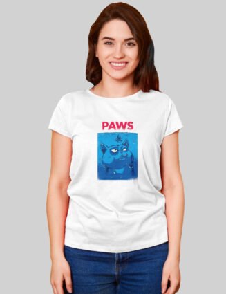 PAWS Cat T-Shirt – Funny Cartoon White Tee for Women | Buffring